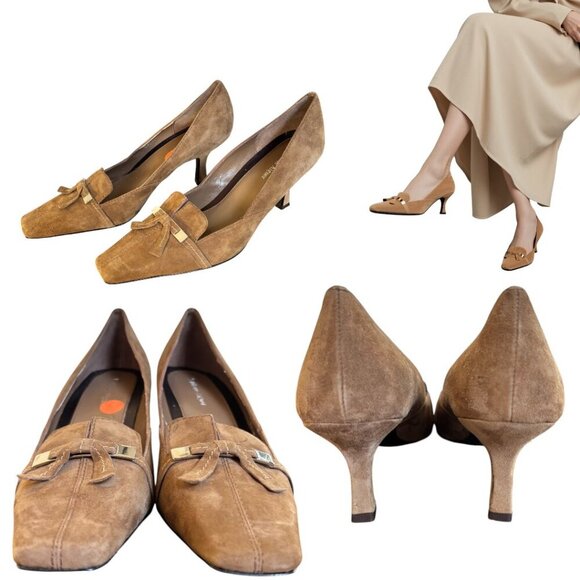 VINTAGE 90'S Y2K ETIENNE AIGNER BROWN SUEDE BOW KITTEN HEELS PUMPS 9.5 - Picture 3 of 5